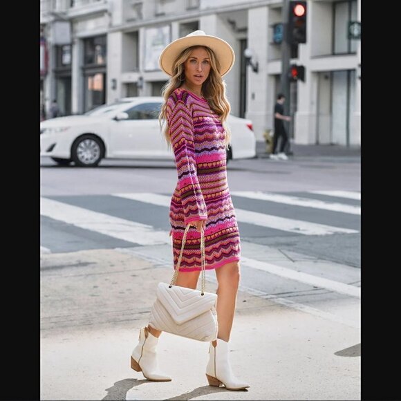 VICI Free The Roses L NWT Crochet Knit Multi Colored Dress Fuchsia Multi Long - Picture 4 of 12